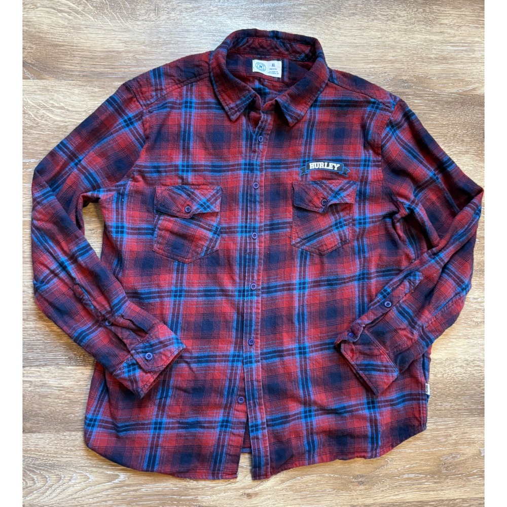 Hurley Mens XL Flannel Shirt Red Blue Plaid Long Sleeve Button Down 100% Cotton